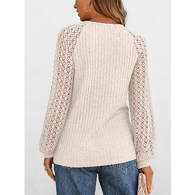Women's Lace Long Sleeve Crew Neck Top Elegant Ribbed Knit Blouse
