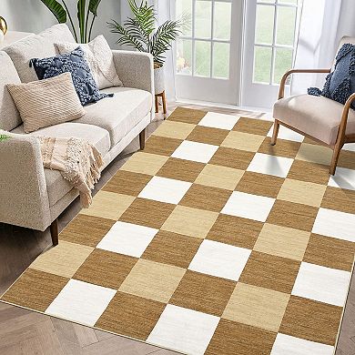 Washable Rug Modern Checkered Plaid Rug Foldable Indoor Carpet Ultra-Soft Geometric Floor Cover