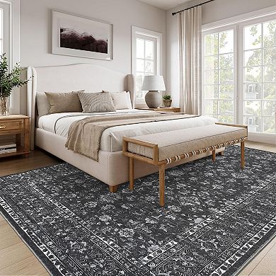 Vintage Machine Washable Rug with Non Slip Backing, Traditional Oriental Low Pile Foldable Carpet
