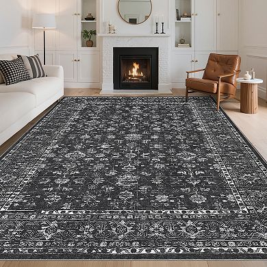Vintage Machine Washable Rug with Non Slip Backing, Traditional Oriental Low Pile Foldable Carpet