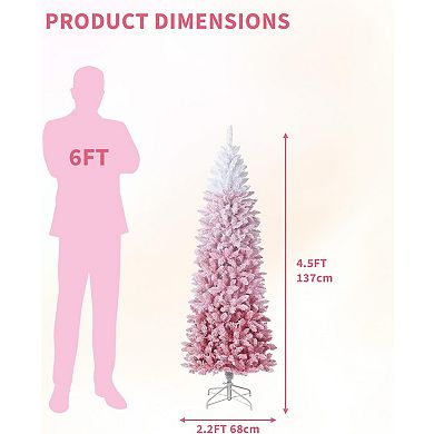 Slim Artificial Christmas Tree w/Sturdy Metal Stand,Skinny Xmas Tree, Pink Gradien