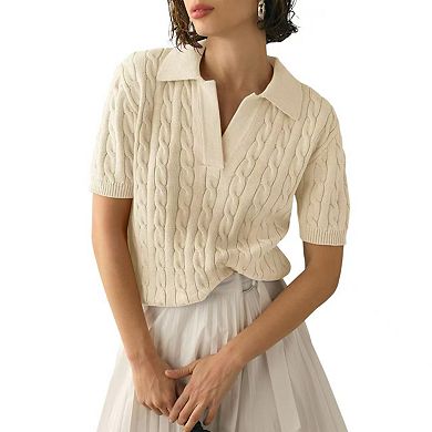 T-Shirt Collar Knit Top Women Short Sleeve Slim Fit Soft Everyday Pullover