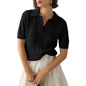 T-Shirt Collar Knit Top Women Short Sleeve Slim Fit Soft Everyday Pullover