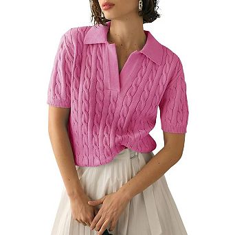 T-Shirt Collar Knit Top Women Short Sleeve Slim Fit Soft Everyday Pullover
