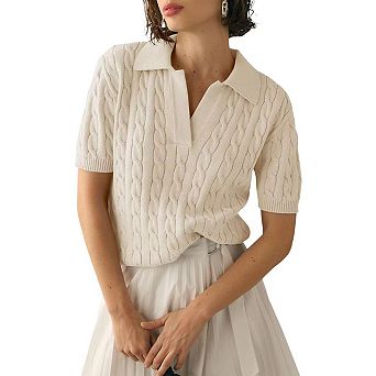 T-Shirt Collar Knit Top Women Short Sleeve Slim Fit Soft Everyday Pullover