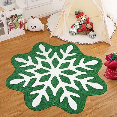 Machine Washable Snow Pattern Christmas Snowflake Rug Ultra-Soft Holiday Decorative Throw Carpet