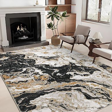 Abstract Marble Accent Rug, Soft Luxury Carpet for High Traffic Areas, Washable Rugs