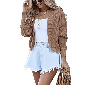 Cropped Cardigan Women Long Sleeve Solid Color Slim Fit Soft Knit Sweater