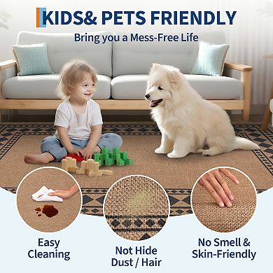 Modern Bordered Easy Jute Area Rugs Washable Geometric Indoor Outdoor Carpet