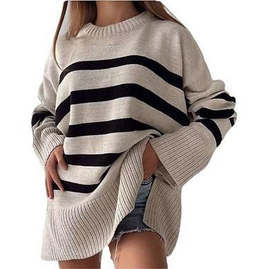 Women's Side Slit Striped Pullover Sweater Crew Neck Knitted Top