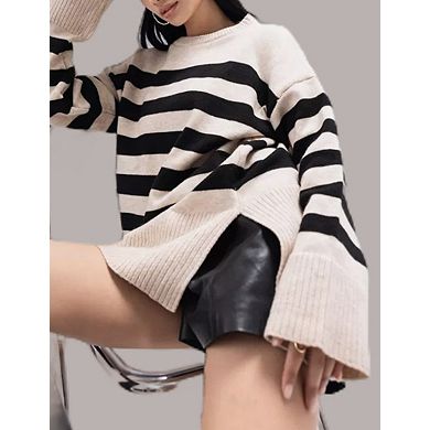 Women's Side Slit Striped Pullover Sweater Crew Neck Knitted Top