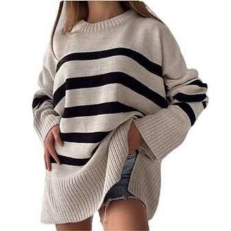 Women's Side Slit Striped Pullover Sweater Crew Neck Knitted Top