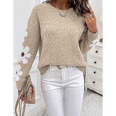 Women's Floral Jacquard Pullover Sweater Crew Neck Long Sleeve Knitted Jumper with Flower Pattern