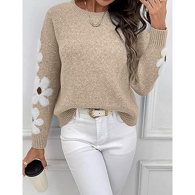 Women's Floral Jacquard Pullover Sweater Crew Neck Long Sleeve Knitted Jumper with Flower Pattern