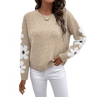 Women's Floral Jacquard Pullover Sweater Crew Neck Long Sleeve Knitted Jumper with Flower Pattern