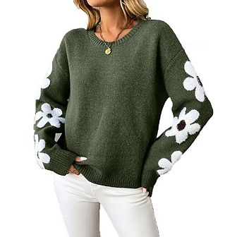 Women's Floral Jacquard Pullover Sweater Crew Neck Long Sleeve Knitted Jumper with Flower Pattern