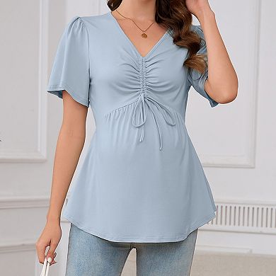 Maternity Tie-Front V-Neck Top Summer Short Sleeve Casual Pregnancy T-Shirt