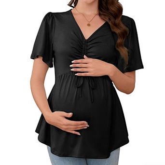 Maternity Tie-Front V-Neck Top Summer Short Sleeve Casual Pregnancy T-Shirt