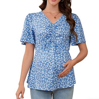 Maternity Tie-Front V-Neck Top Summer Short Sleeve Casual Pregnancy T-Shirt