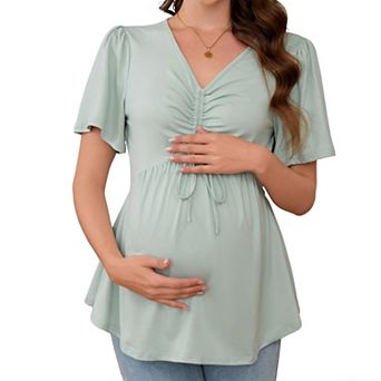 Maternity Tie-Front V-Neck Top Summer Short Sleeve Casual Pregnancy T-Shirt
