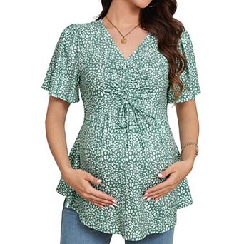 Maternity Tie-Front V-Neck Top Summer Short Sleeve Casual Pregnancy T-Shirt