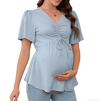 Maternity Tie-Front V-Neck Top Summer Short Sleeve Casual Pregnancy T-Shirt