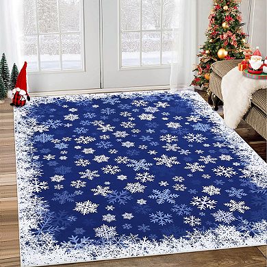 Christmas Snowflake Rug Washable Rug with Non Slip TPR Backing, Decorative Xmas Holiday Carpet
