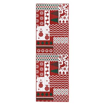 Machine Washable Christmas Area Rug Christmas Patchwork Pattern Floor Cover Xmas Themed Floor Mat
