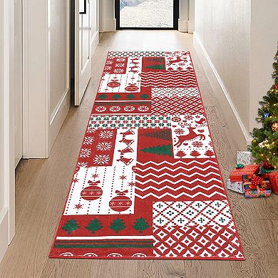 Machine Washable Christmas Area Rug Christmas Patchwork Pattern Floor Cover Xmas Themed Floor Mat