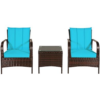 3 Pieces Patio Rattan Conversation Set with Glass Top Coffee Table and Cushions