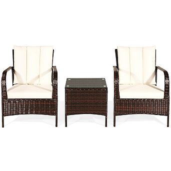 3 pc Patio Rattan Conversation Set with Glass Top Coffee Table and Cushions