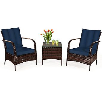 3 pc Patio Rattan Conversation Set with Glass Top Coffee Table and Cushions