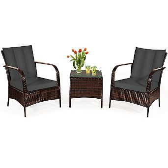 3 pc Patio Rattan Conversation Set with Glass Top Coffee Table and Cushions