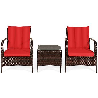 3 pc Patio Rattan Conversation Set with Glass Top Coffee Table and Cushions