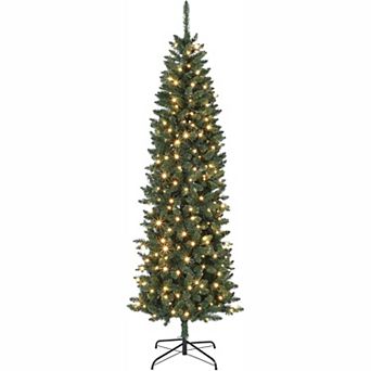 Pre-Lit Artificial PVC Pencil Christmas Tree w/Warm White LEDs - Slim Two-Tone Design,Easy Assembly