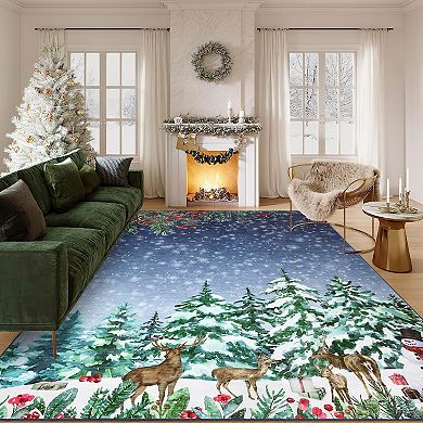 Christmas Rug Non-Slip Holiday Carpet, Washable Christmas Tree Snowman Reindeer Floor Mat