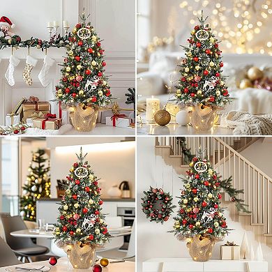2pcs 3ft Pre Lit Fiber Optic Christmas Tree with a Burlap Base, Artificial Small Tabletop Xmas Tree