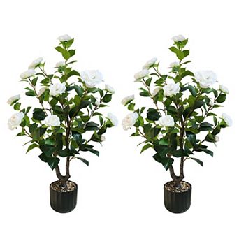 2 Pack Artificial Camellia Tree, 38" Flower Plants Artificial Plant, Faux Floral Plant Blooming Tree