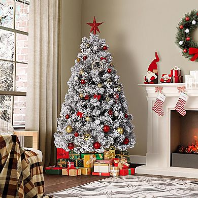 Artificial Christmas Tree,Snow Flocked Xmas Tree w/Warm White Lights and Metal Stand,Holiday Decor