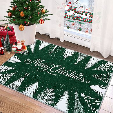 Merry Christmas Rug Machine Washable Xmas Tree Carpet Non-Slip Holiday Decor Snowflake Rug