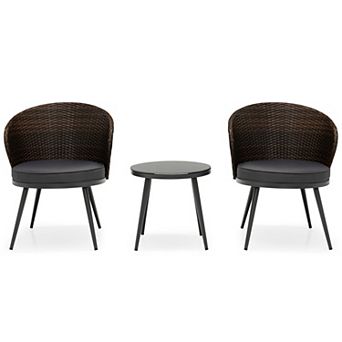 3 pc Patio Rattan Bistro Set with 2 Seat Cushions and Tempered Glass Tabletop