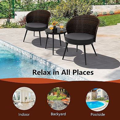 3 Pieces Patio Rattan Bistro Set with 2 Seat Cushions and Tempered Glass Tabletop