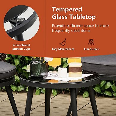 3 Pieces Patio Rattan Bistro Set with 2 Seat Cushions and Tempered Glass Tabletop
