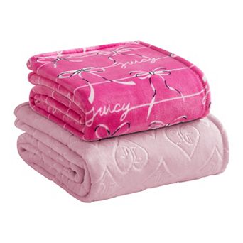 Juicy Couture 2 pc Royal Embossed & Bow Plush Throw Blanket Set