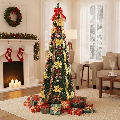 Pre-Lit 6FT/7FT Artificial Christmas Tree with Ornaments and Warm White Lights