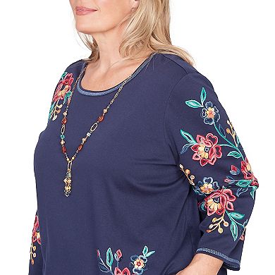 Plus Size Alfred Dunner Embroidered Sleeve Knit Top with Necklace