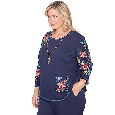 Plus Size Alfred Dunner Embroidered Sleeve Knit Top with Necklace