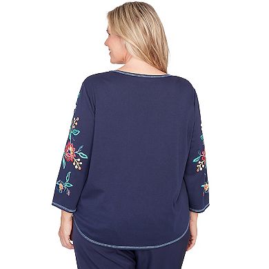 Plus Size Alfred Dunner Embroidered Sleeve Knit Top with Necklace
