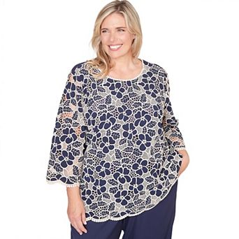 Plus Size Alfred Dunner Floral Lace Trim Soft Knit Top