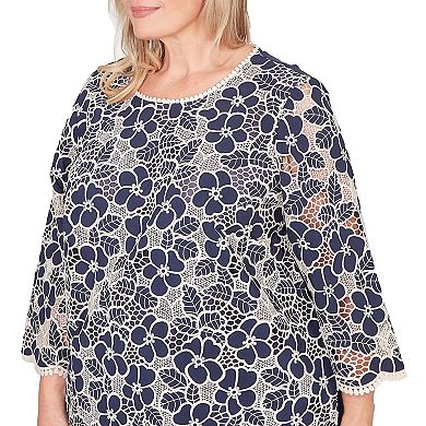 Plus Size Alfred Dunner Floral Lace Trim Soft Knit Top
